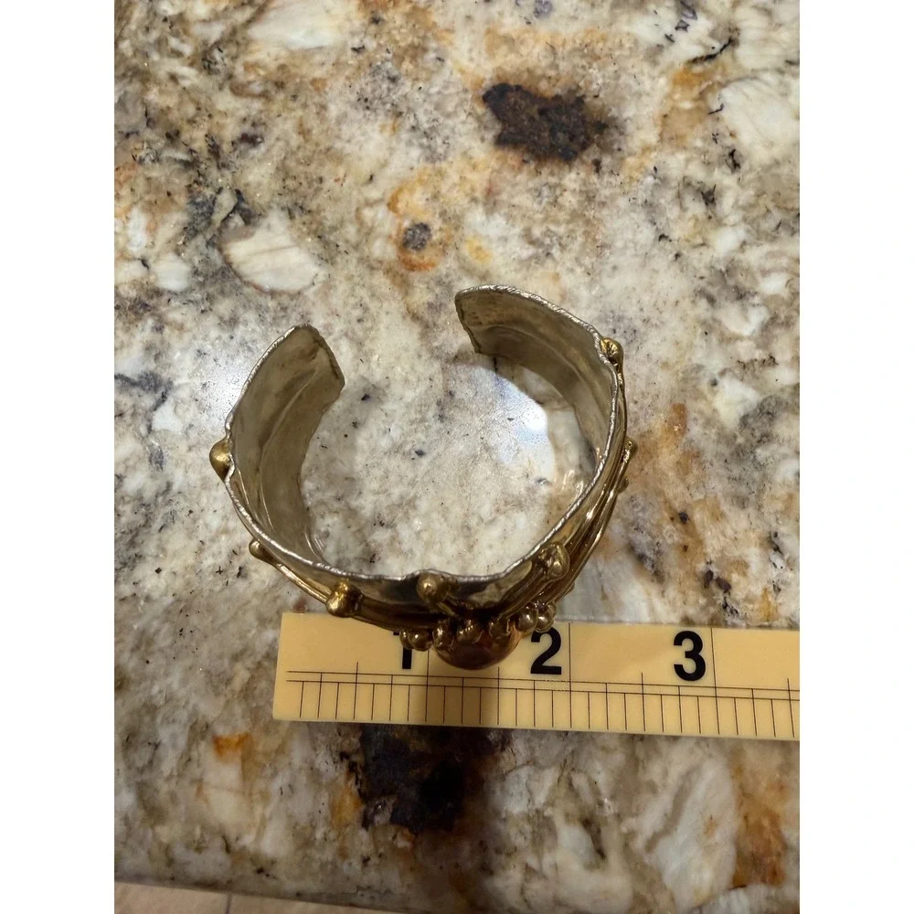 Artisan Mixed Metal Cuff Bracelet Tri-Tone Sunburst Hammered Silver Gold Copper